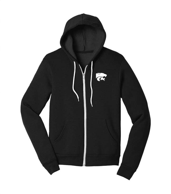 Black Kansas State full zip hooded sweatshirt with white Powercat logo embroidered on the left chest