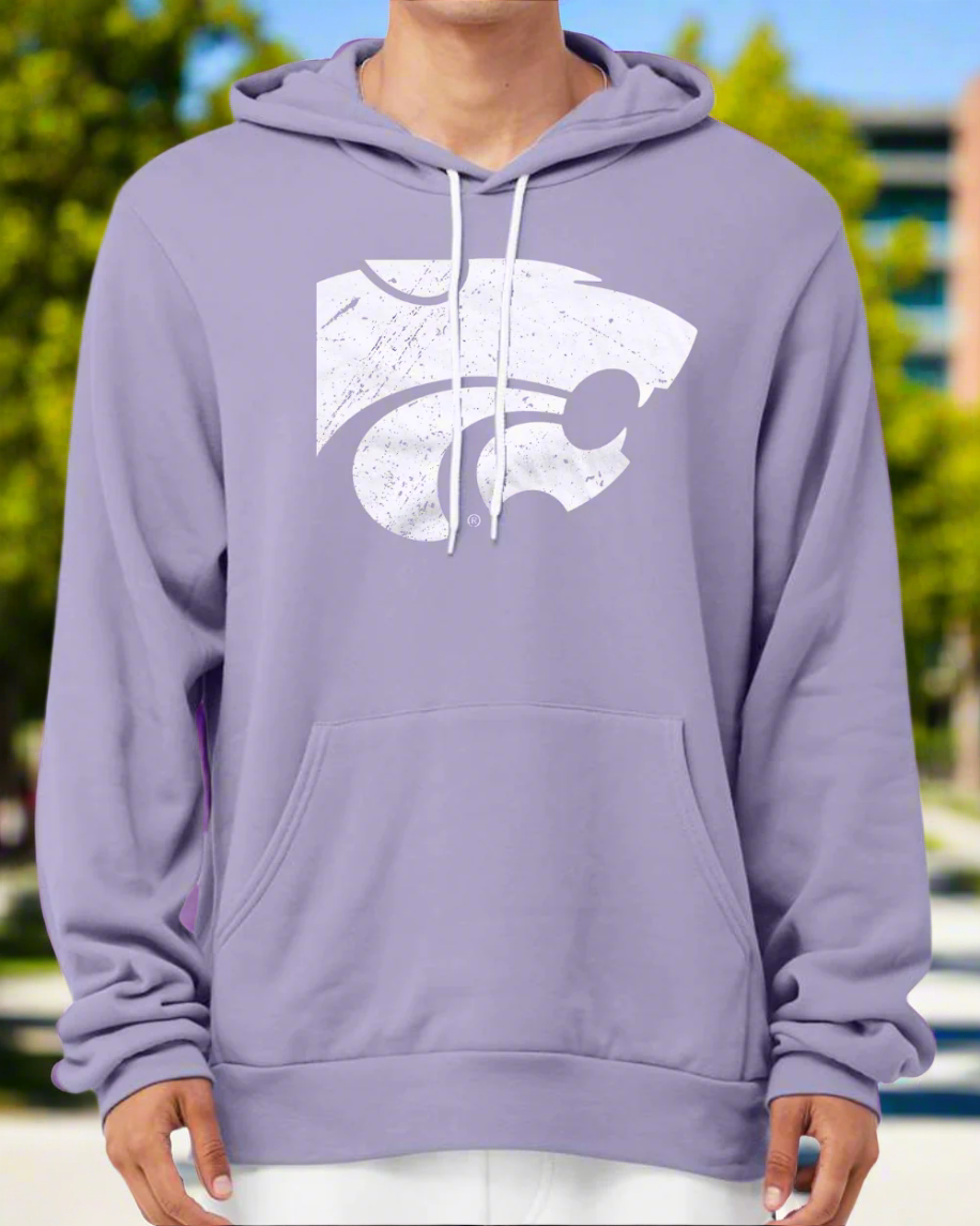 K-State Powercat Logo Purple Hooded Sweatshirt on male model in a park