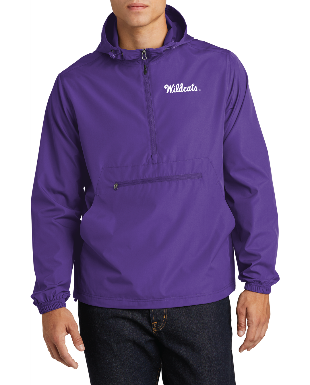 Person wearing a purple K-State "Wildcats" Anorak jacket from Nudge Printing