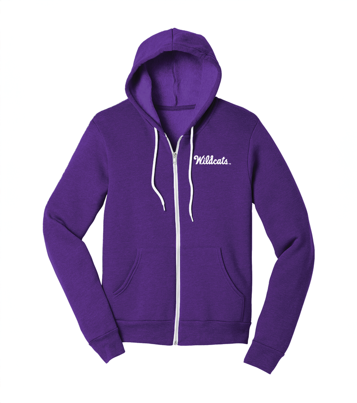 Purple K-State zip up hoodie sweatshirt with the "Wildcats" logo embroidered with white thread on the left chest