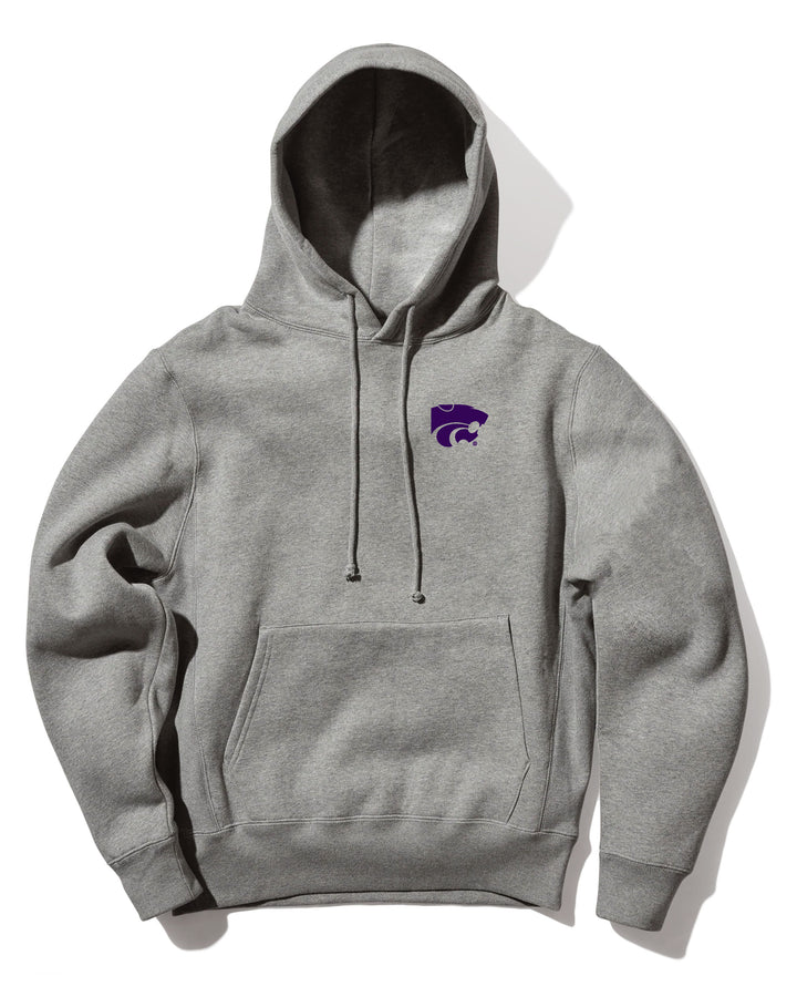 Ultra luxury heather grey hoodie with a purple Kansas State Powercat logo embroidered on the left chest