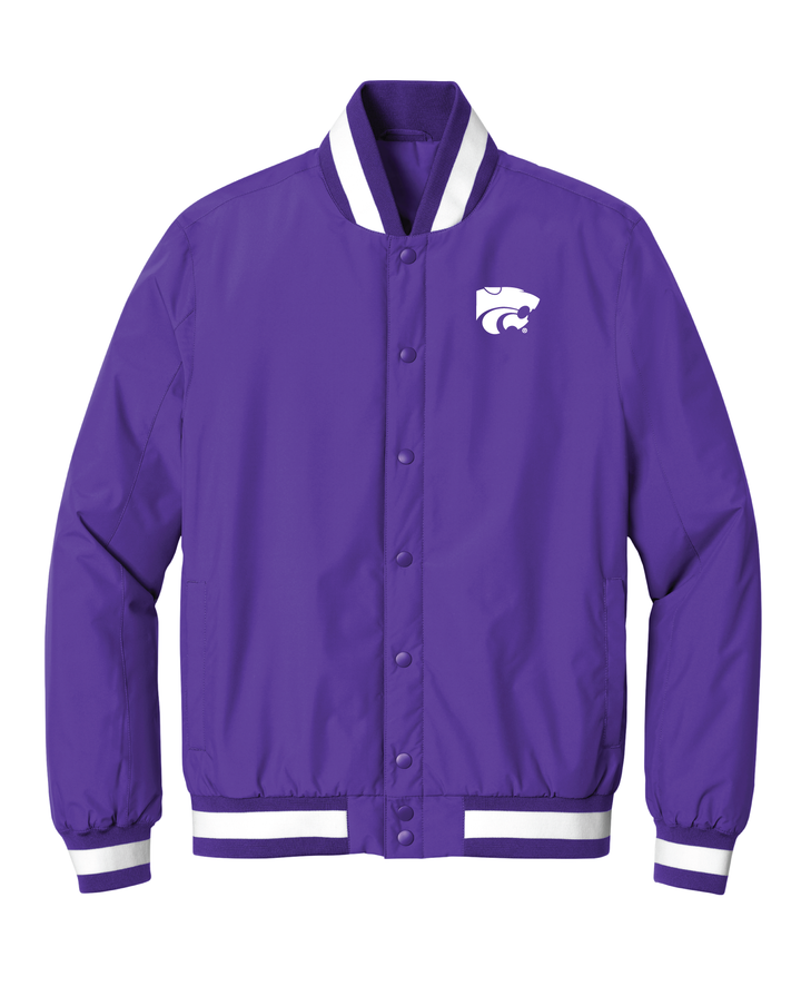 Purple Kansas State Varsity Jacket with white Powercat logo embroidered on the left chest