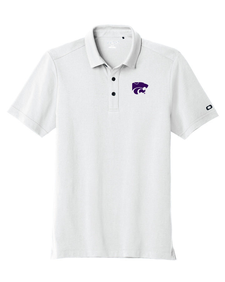 White Kansas State polo with a purple Powercat logo embroidered on the left chest