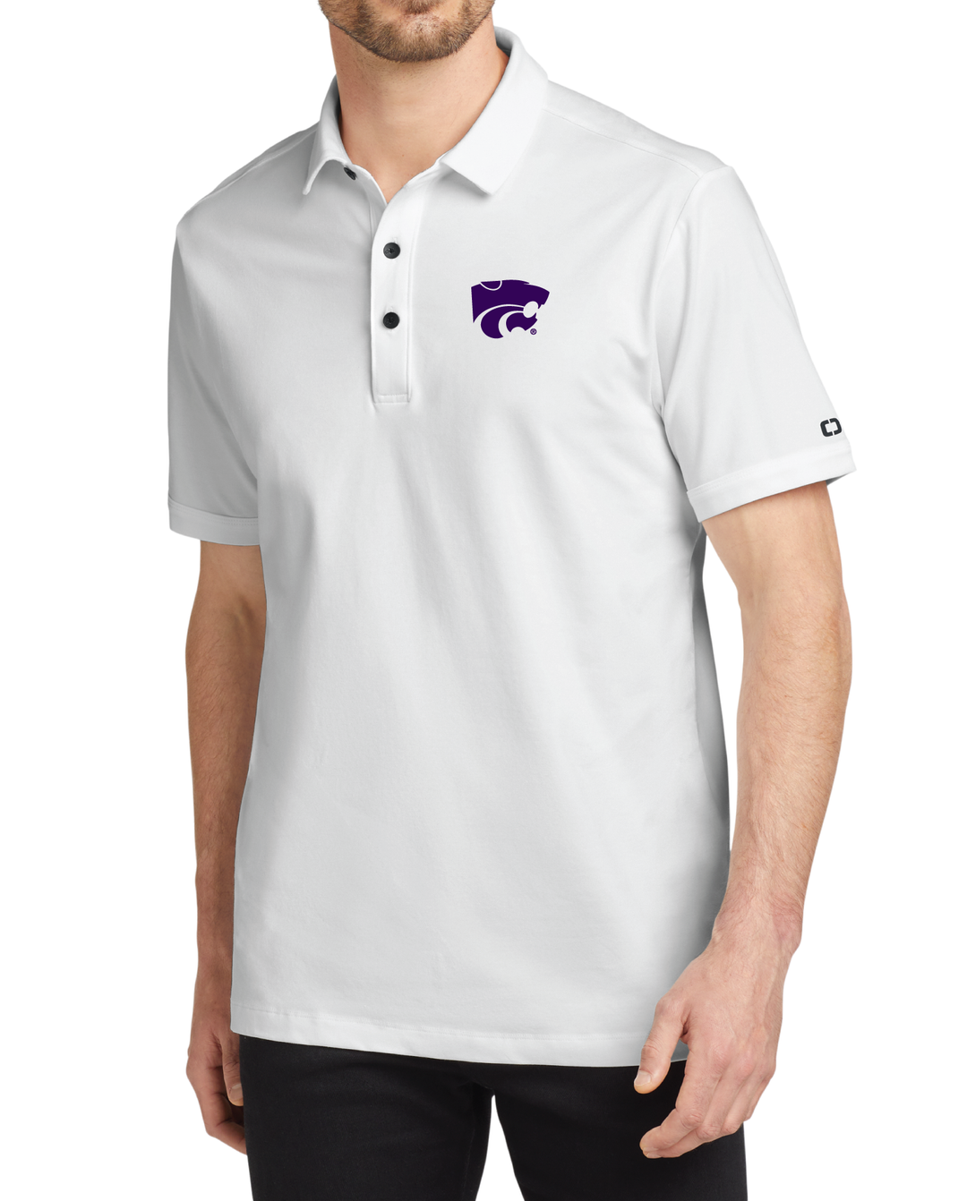 Male model wearing a white Kansas State Polo with a purple Powercat logo embroidered on the left chest