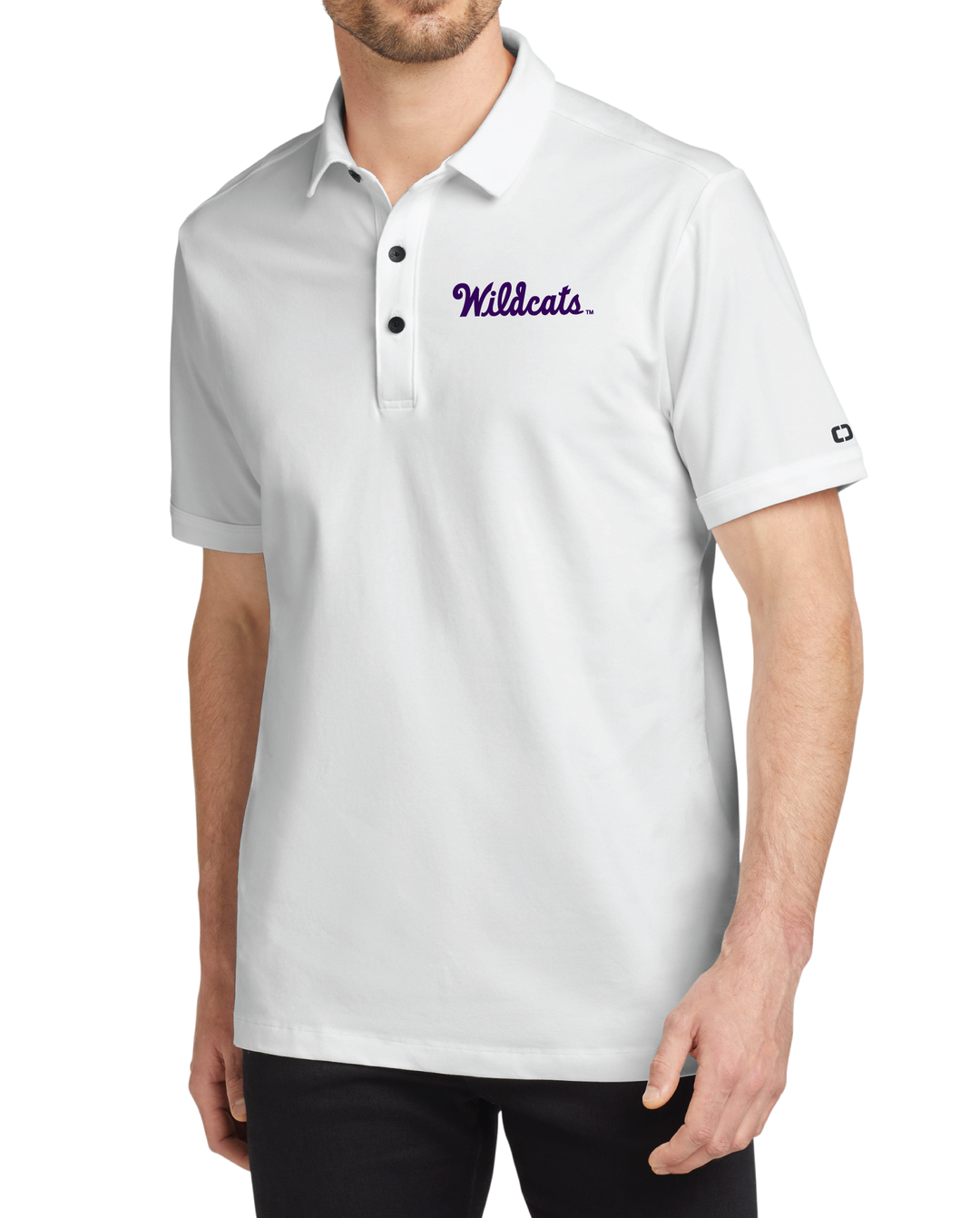 White Kansas State Polo worn by a male and has a purple "Wildcats" logo embroidered on the left chest