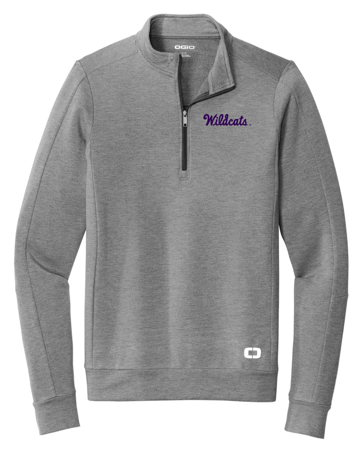 Grey men's Kansas State quarter zip made by OGIO with a purple "Wildcats" logo embroidered on the left chest.