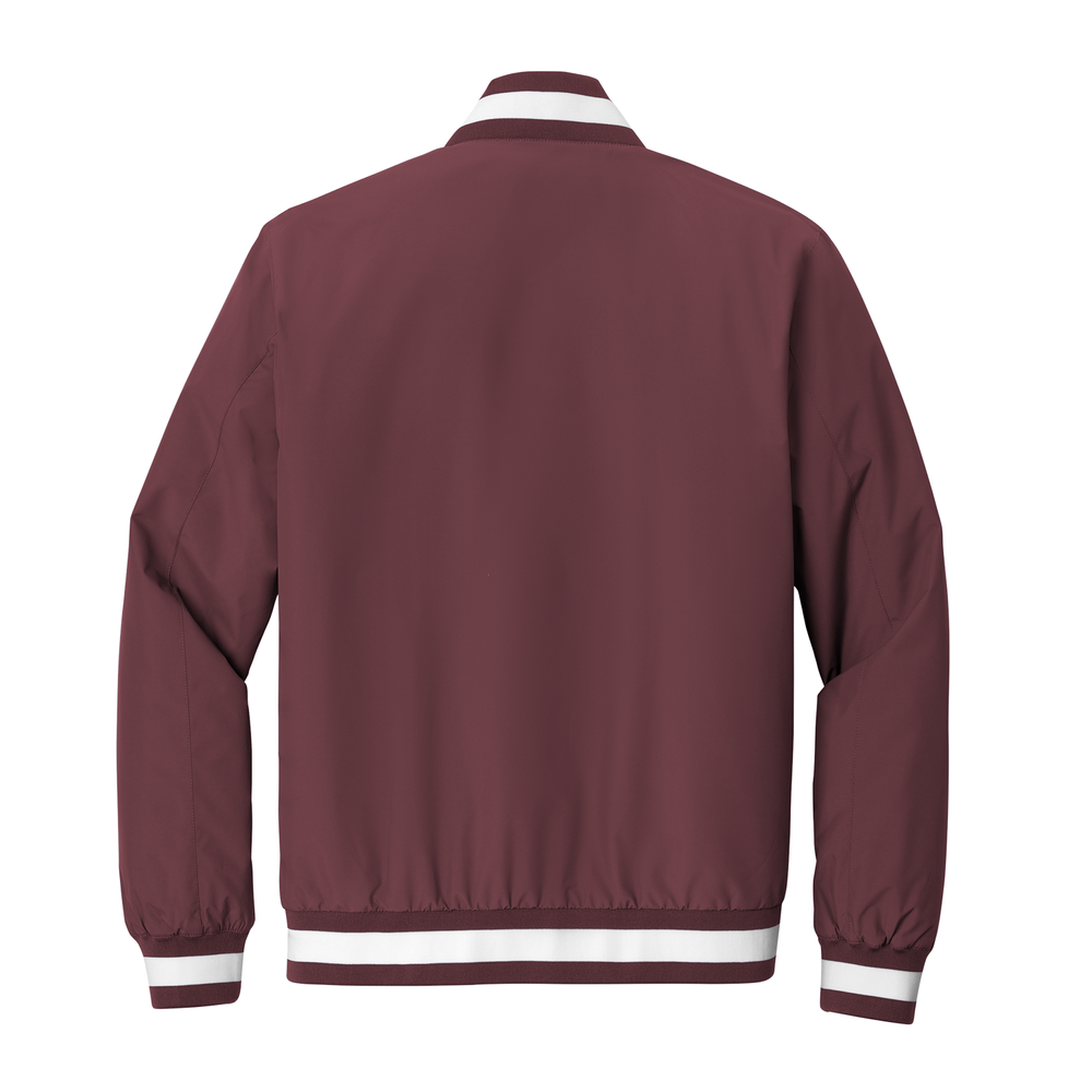 Back view of a maroon varsity jacket from Nudge Printing