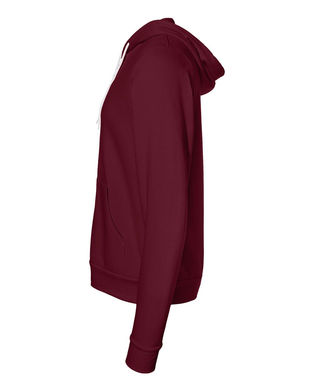 Side view of a maroon hooded sweatshirt from Nudge Printing