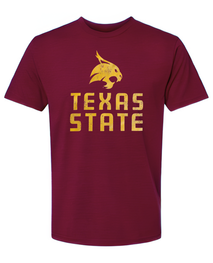 Texas State University Bobcats Stacked Logo T-shirt (Gold on Maroon)