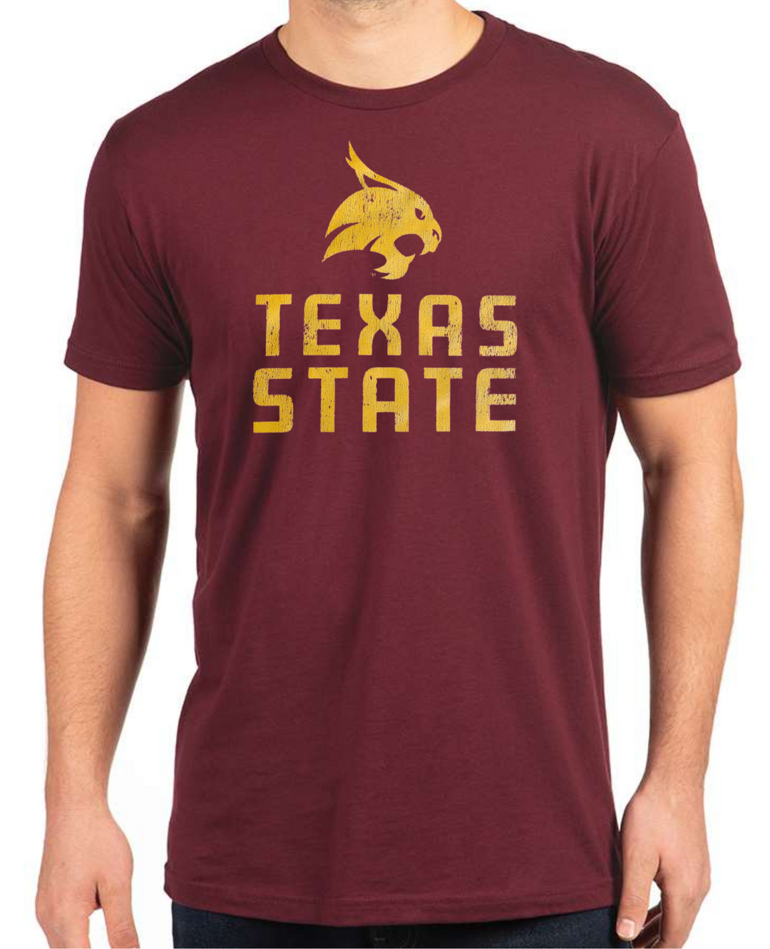 Texas State University Bobcats Stacked Logo T-shirt (Gold on Maroon)