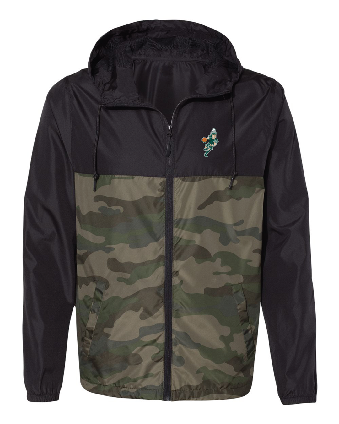 Michigan State Black and Green Camo Windbreaker Jacket with Basketball Sparty Logo on the Left Chest