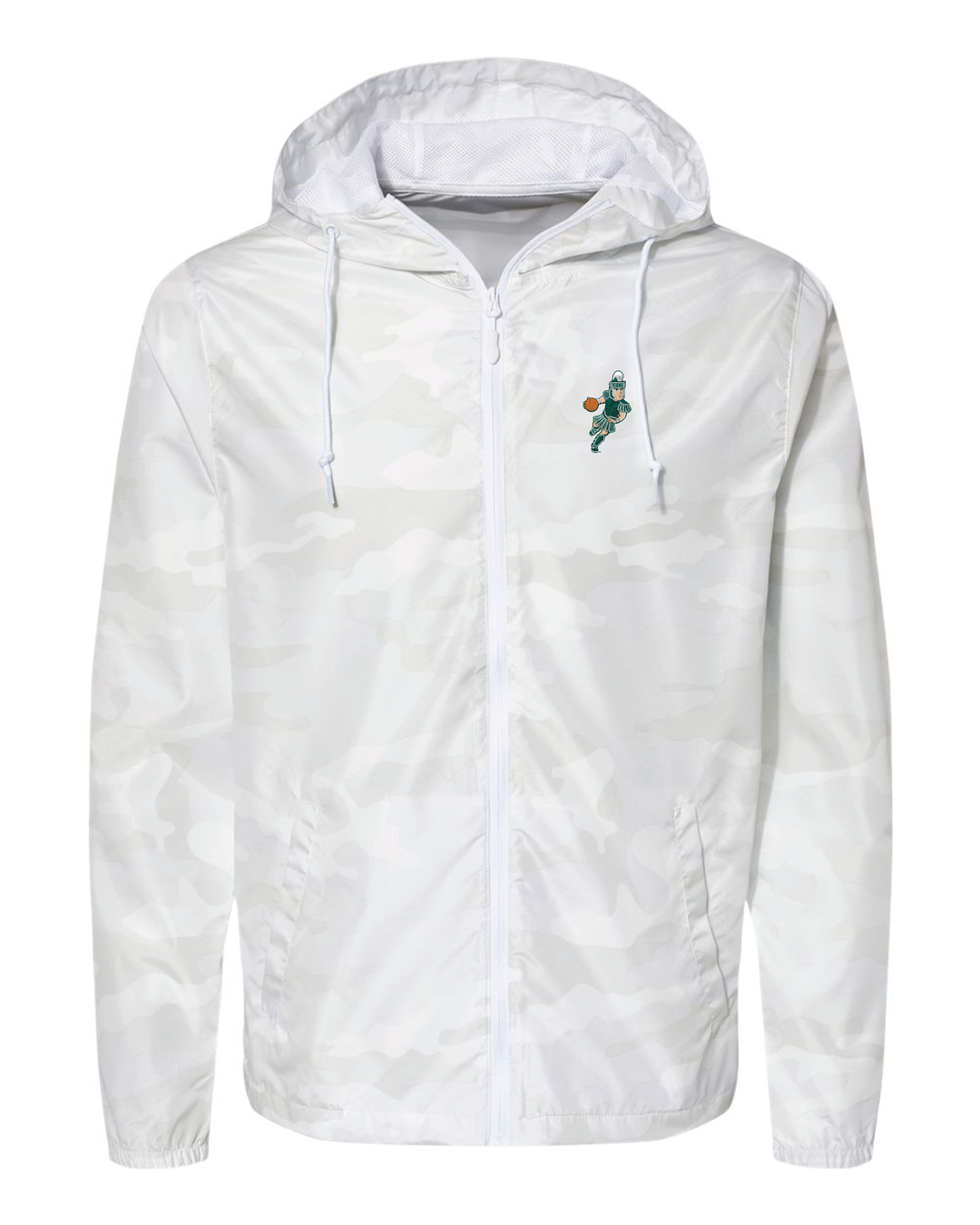 Michigan State White Camo Windbreaker Jacket with Basketball Sparty Logo on the Left Chest