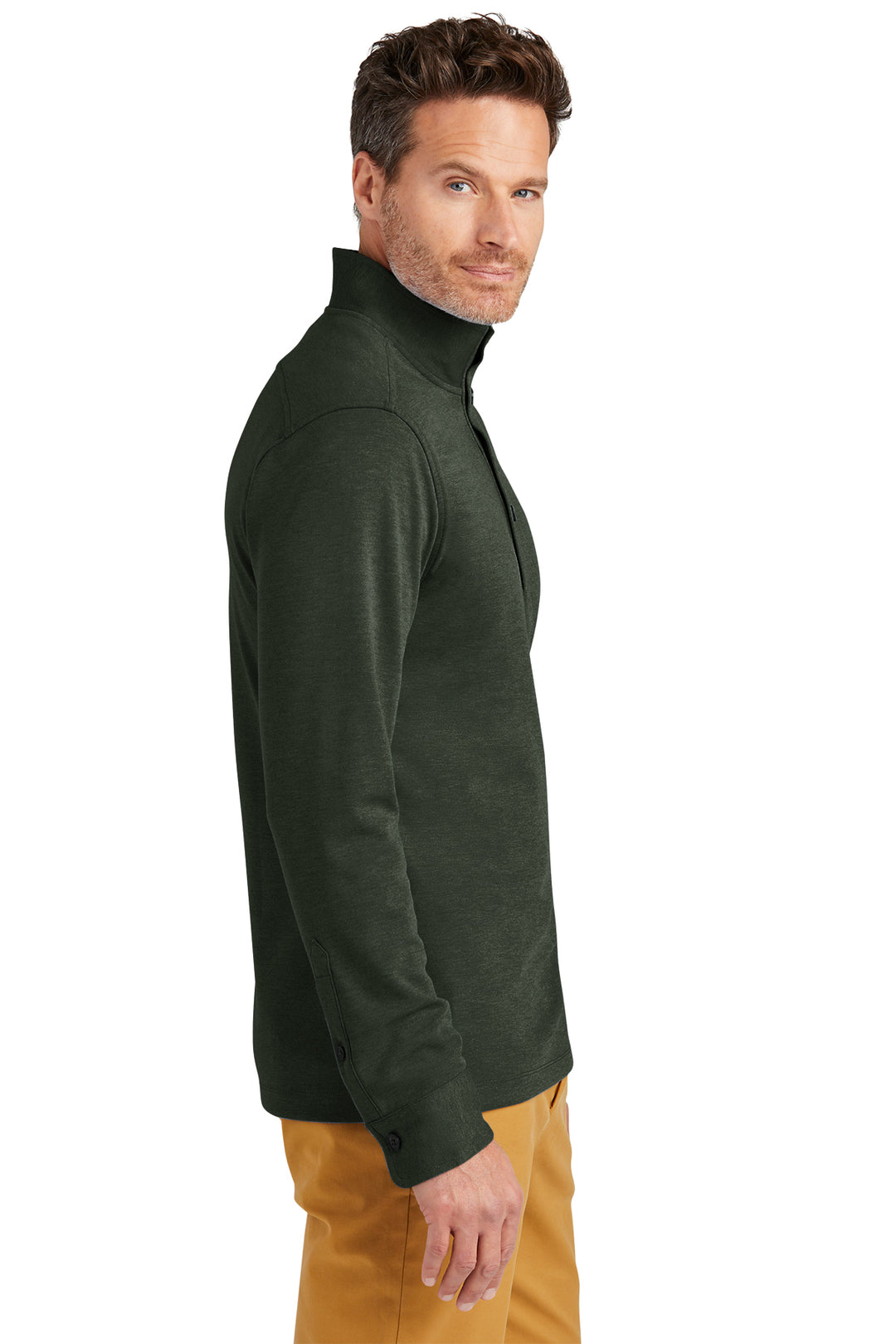 Side view of MSU Brooks Brother Green Half Button Pullover