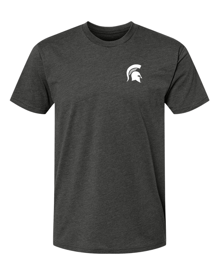 Michigan State Charcoal t-shirt with white Spartan Helmet badge print