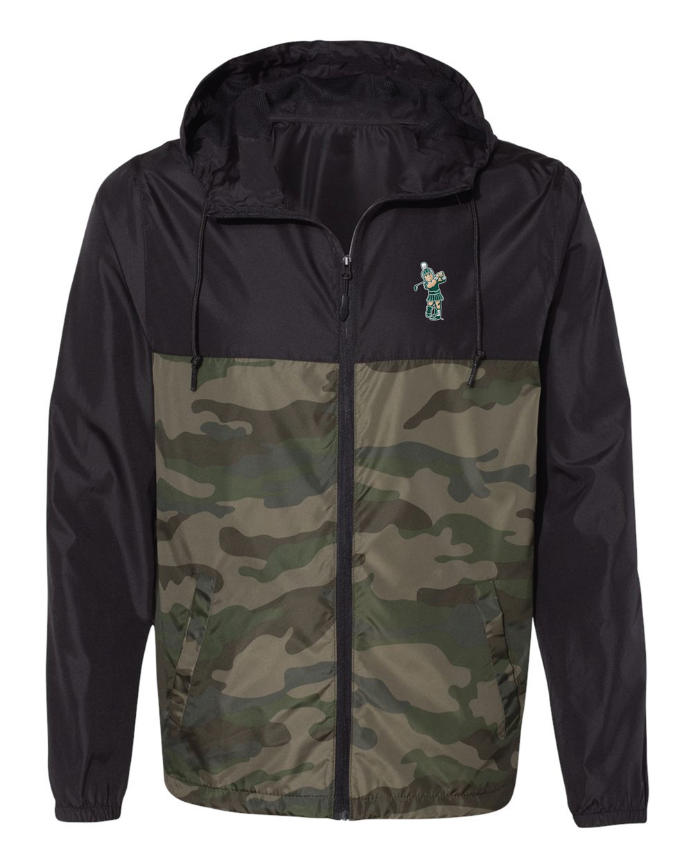 Michigan State Black and Green Camo Windbreaker Jacket with Golfing Sparty on the Left Chest