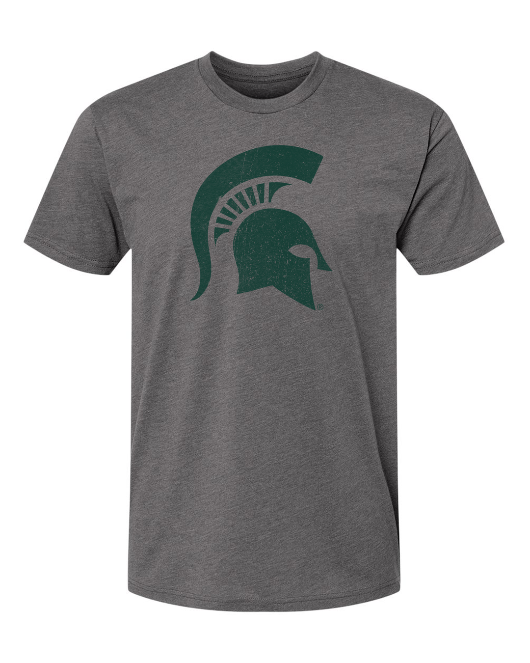Grey t-shirt with a white background showing a Michigan State Spartan Helmet print on the chest in green. 