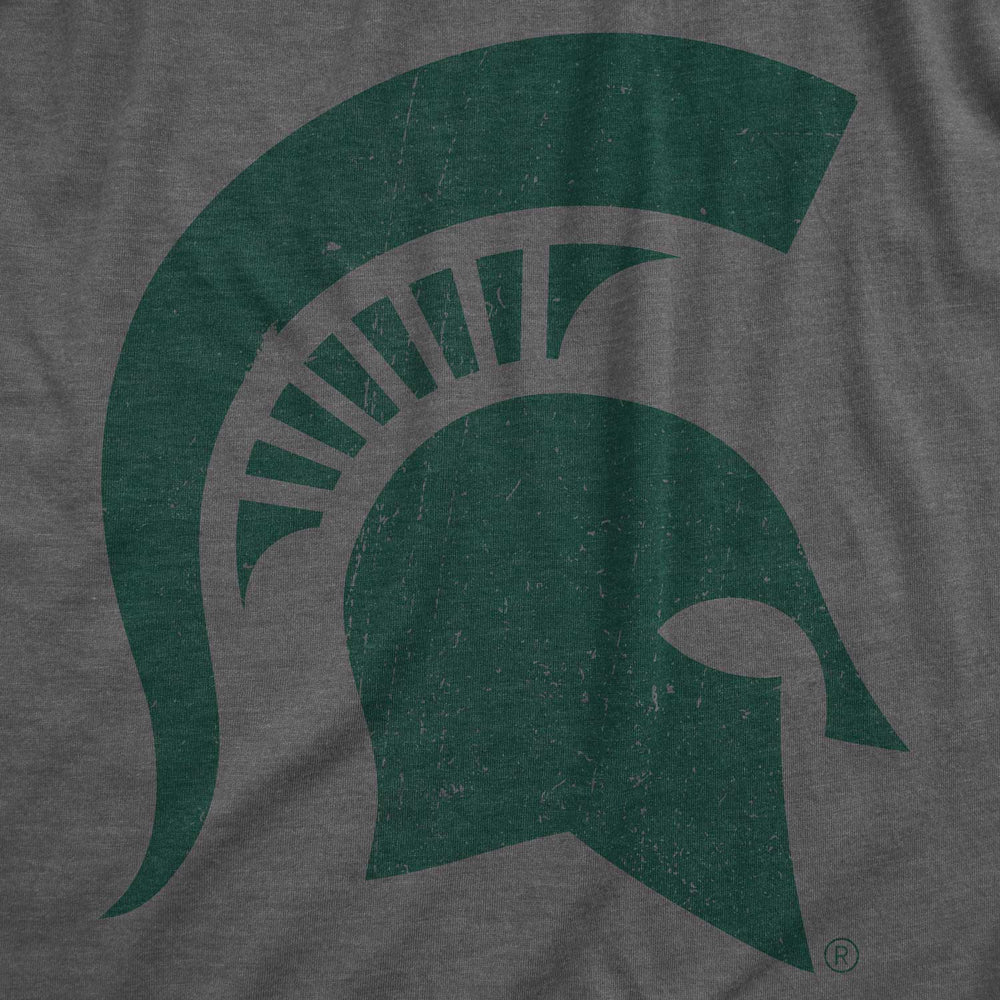 Close up of a dark grey t-shirt showing a green Michigan State Spartan Helmet print