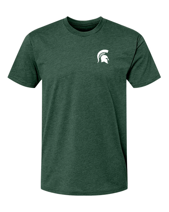 Green Michigan State T-Shirt with white Spartan Helmet badge print