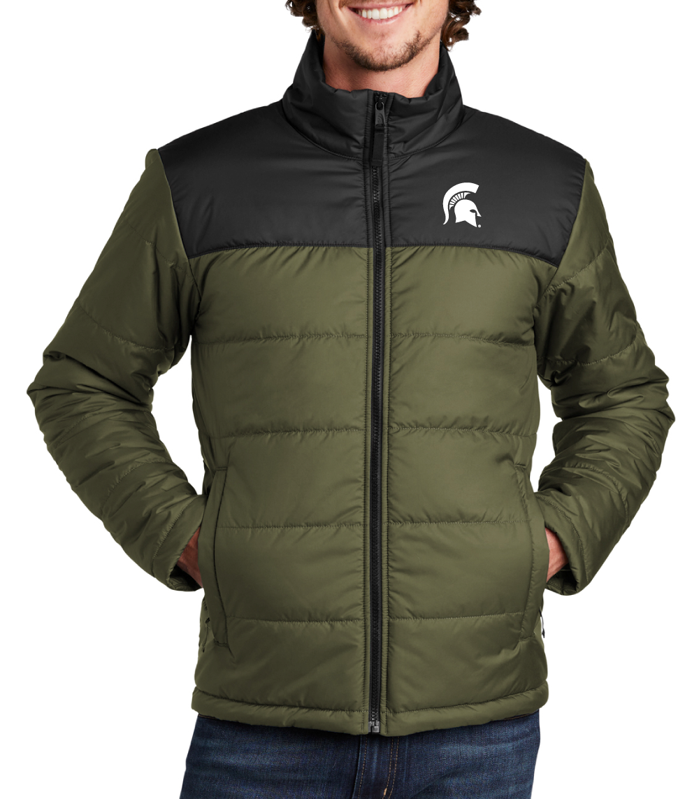 Green and black Michigan State University North Face Jacket with white Spartan Helmet logo embroidered on the left chest