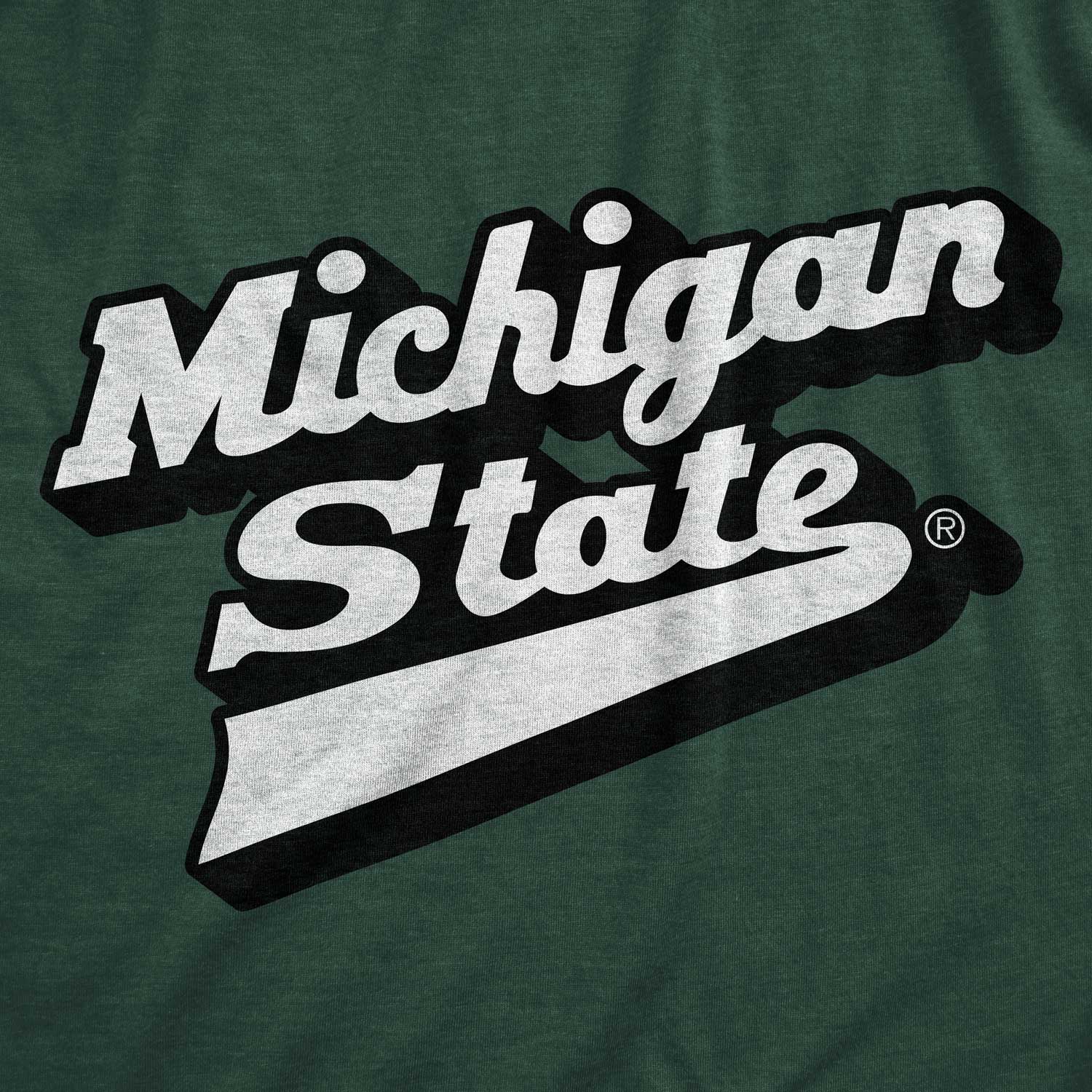 Close up of Michigan State Forest Green T-Shirt with White and Black Hockey Script logo printed