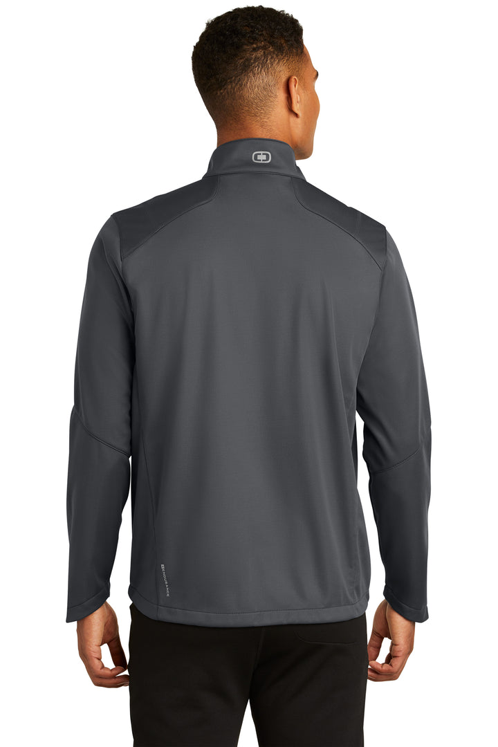 Back of Nudge Printing OGIO Grey soft-shell jacket