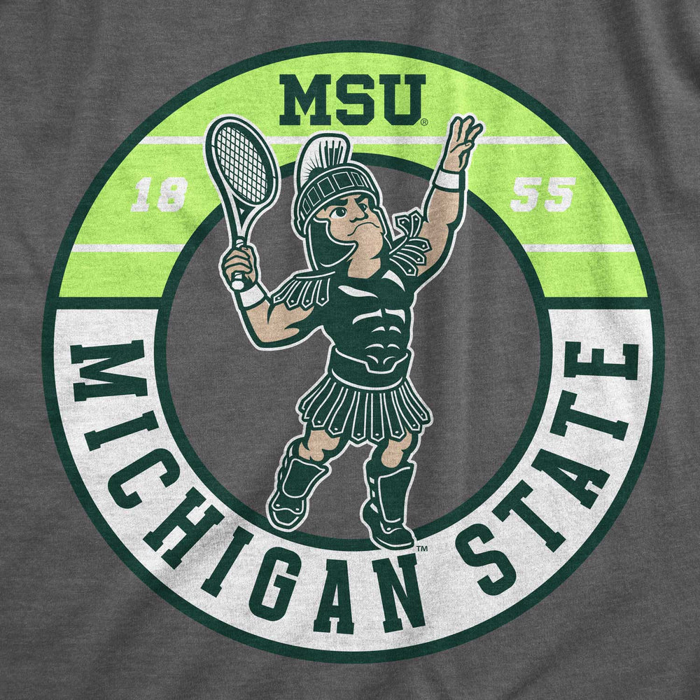 Close up of Michigan State t-shirt showing Sparty playing tennis