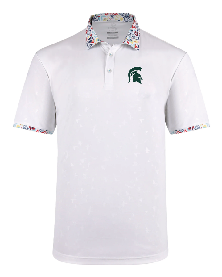 Michigan State white and floral Swannies Polo with a green Spartan Helmet on the left chest