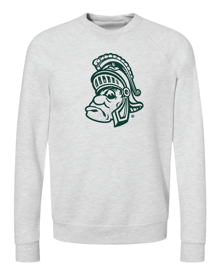 White Michigan State Sweatshirt with Gruff Sparty printed in green ink on the chest