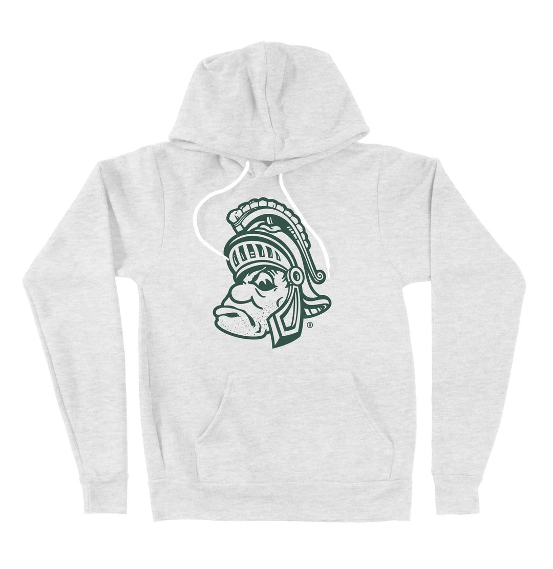 White Michigan State Hoodie with a green Gruff Sparty Logo printed on the chest