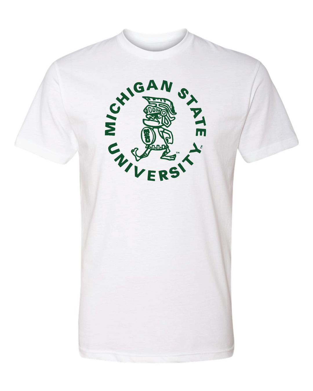 White Michigan State T-Shirt with Vintage Tough Sparty Design printed on the chest in MSU Green Ink