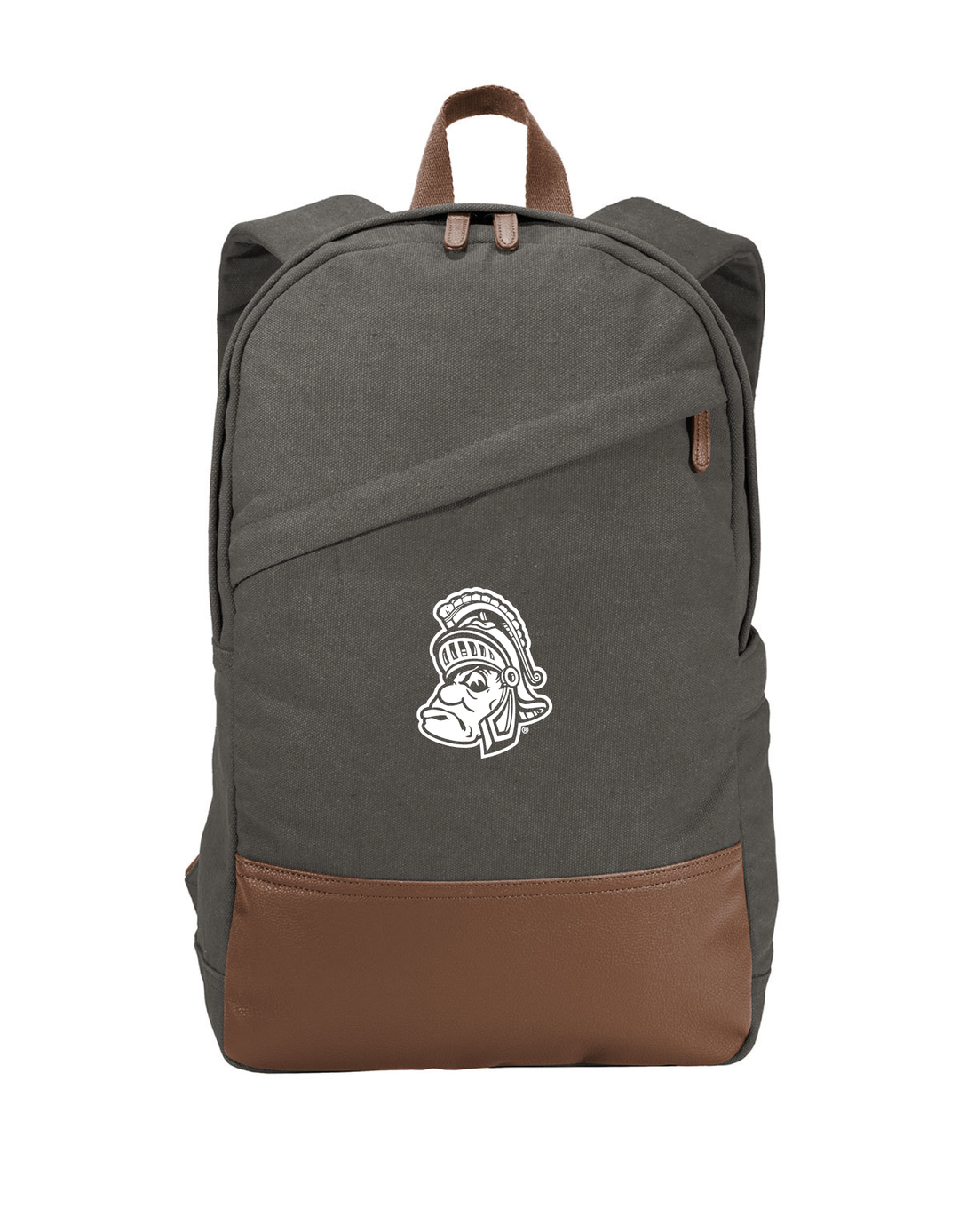 Front view of a Michigan State cotton canvas backpack with the vintage Gruff Sparty logo embroidered in white thread.