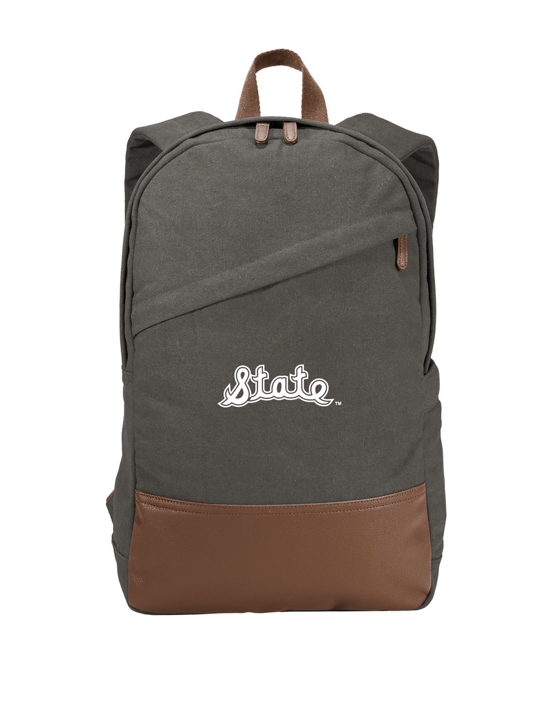 Front view of a Michigan State cotton canvas backpack with the vintage State Script logo embroidered