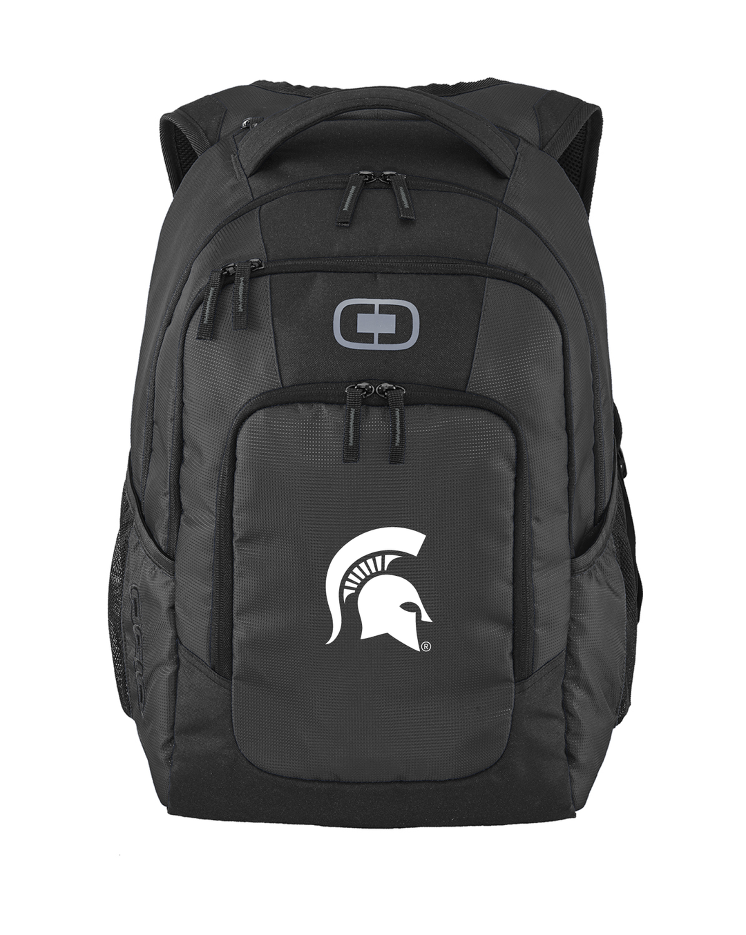 Black OGIO Michigan State Backpack with a white Spartan Helmet embroidered on the front.