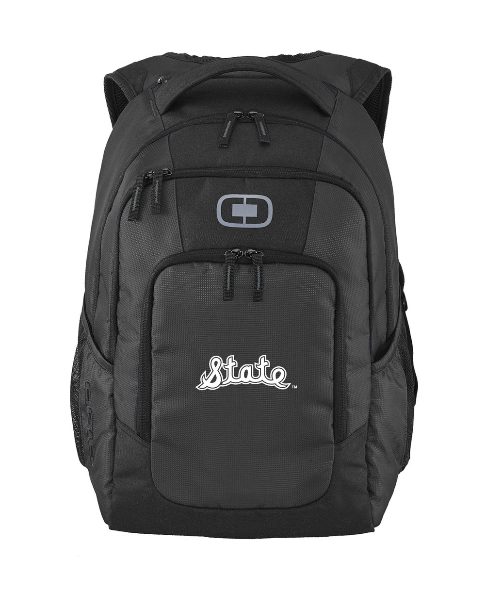 Black OGIO Michigan State Backpack in black with a white vintage State Script logo embroidered on the front.