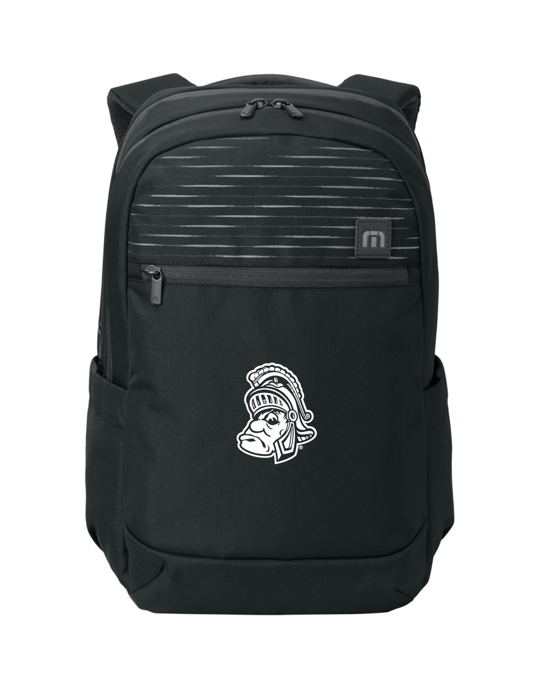 Black Travis Mathew backpack for Michigan State University with a white Gruff Sparty logo on the front. 