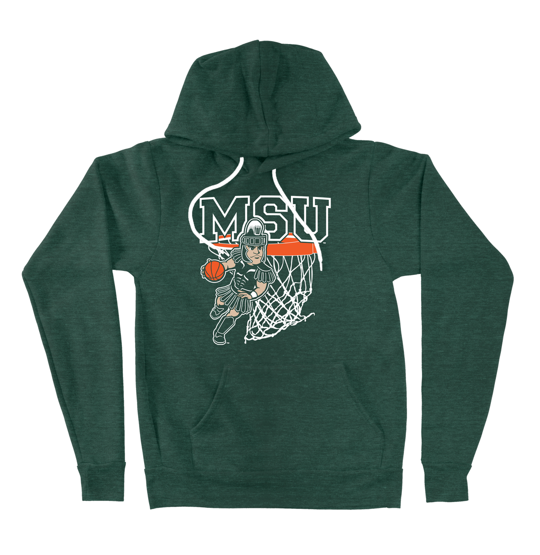 Green Michigan State sweatshirt hoodie with the Sparty Mascot playing basketball, "MSU", and a hoop and net printed on the chest. 