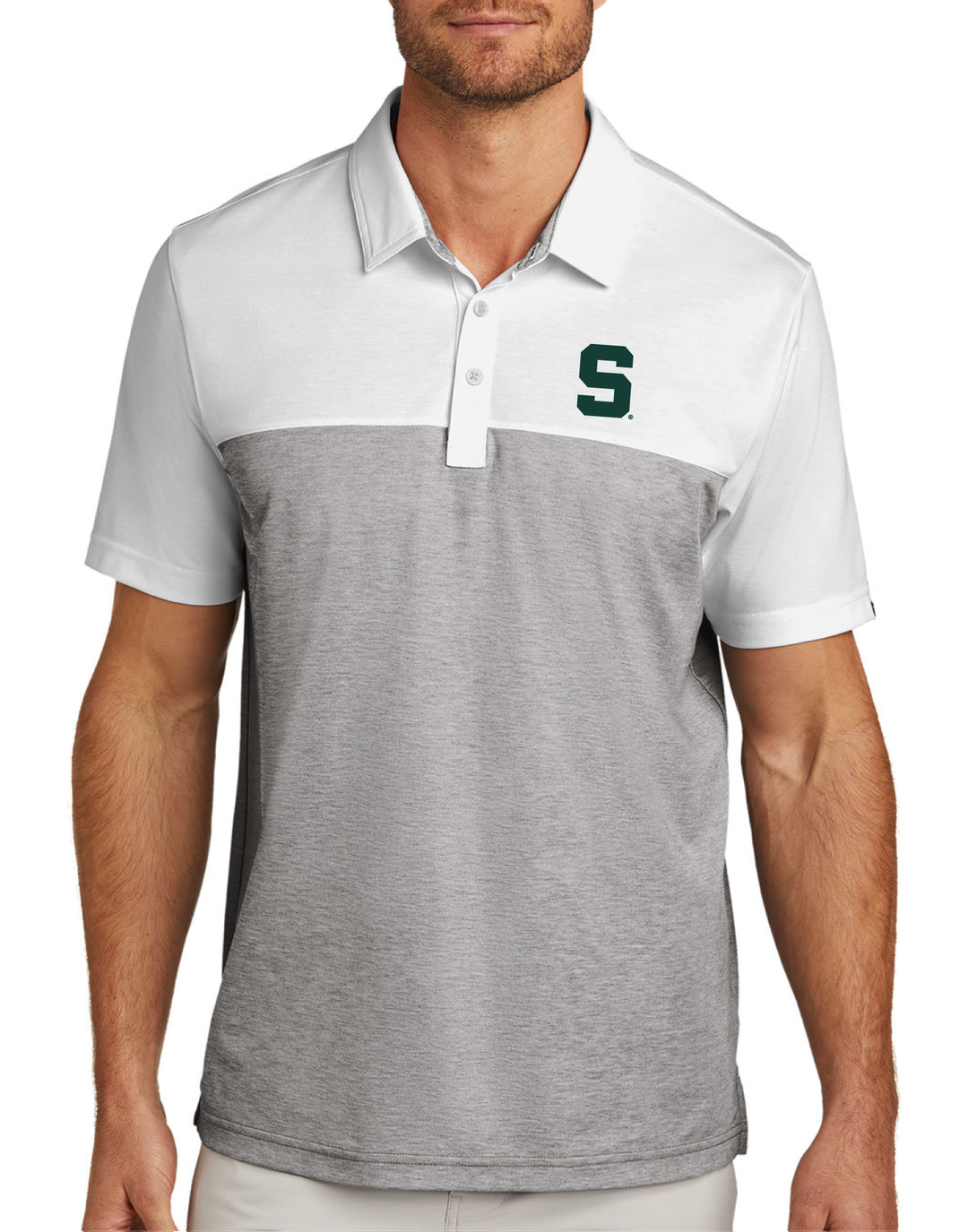 White and grey Travis Mathew polo with Michigan State green spartan helmet logo on the left chest