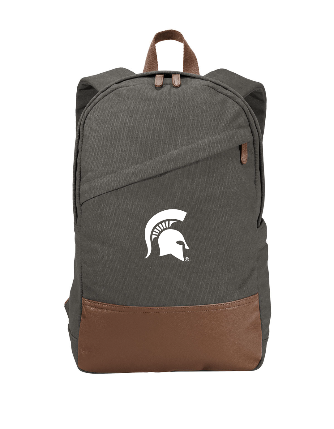 Front view of a Michigan State Backpack made from cotton canvas and showing an embroidered white Spartan Helmet logo