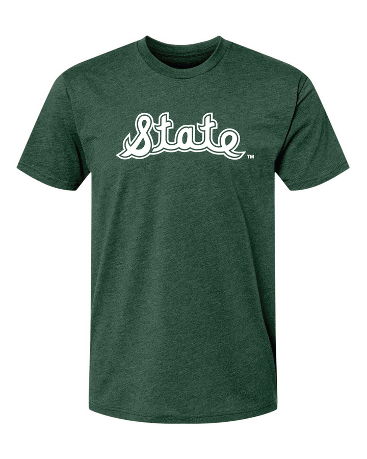 MSU Cursive State script green t-shirt from Nudge Printing