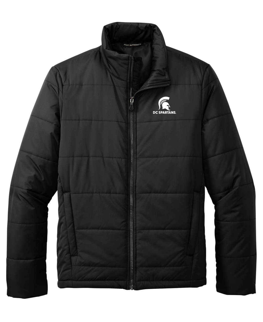 Black Michigan State puffer jacket embroidered with the DC Spartans Alumni Club logo on the left chest in white thread