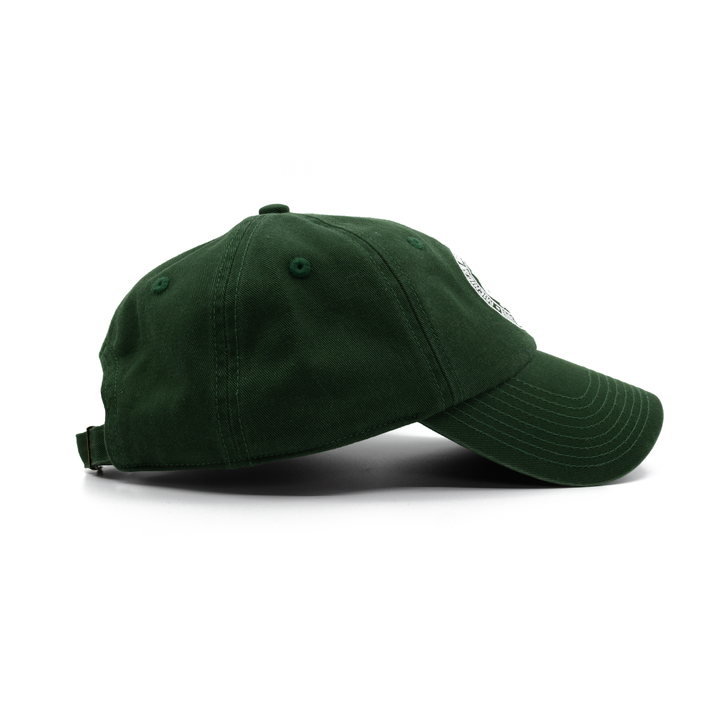 Left profile of Michigan State University MAC (Michigan Agricultural College) dad hat in forest green. 