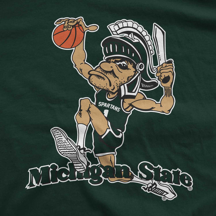 Close up of a green Michigan State Crewneck showing the Dunking Gruff Sparty design