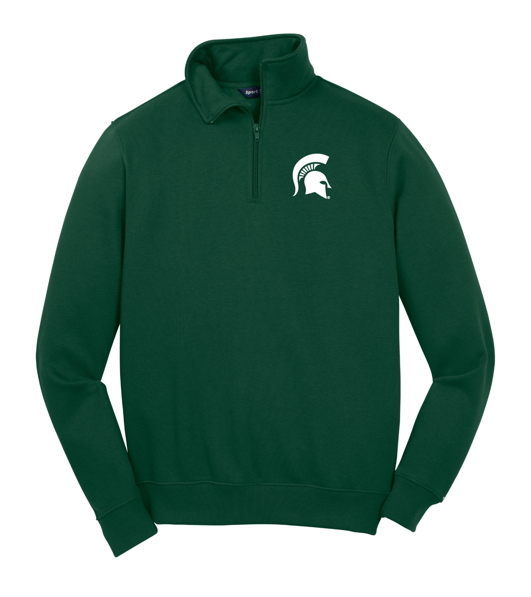 Green Michigan State quarter zip with white Spartan Helmet embroidered in white thread on the left chest. 