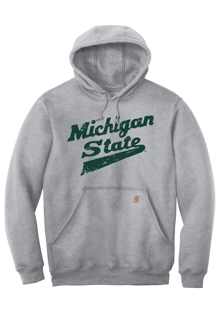 Heather grey Carhartt sweatshirt hoodie for Michigan State and featuring a green script "Michigan State" logo printed on the chest. 