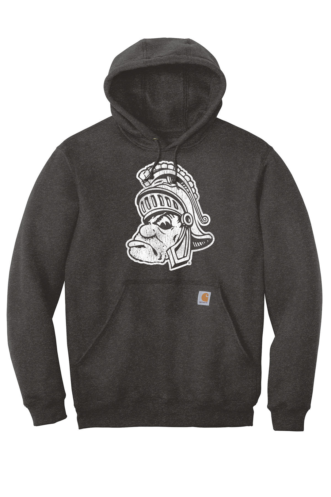 Carbon heather Michigan State Carhartt hoodie featuring the Gruff Sparty logo printed in white ink on the chest