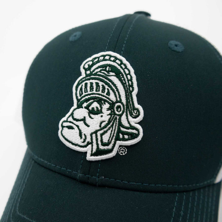 Close up view of the embroidered Gruff Sparty Michigan State baseball hat