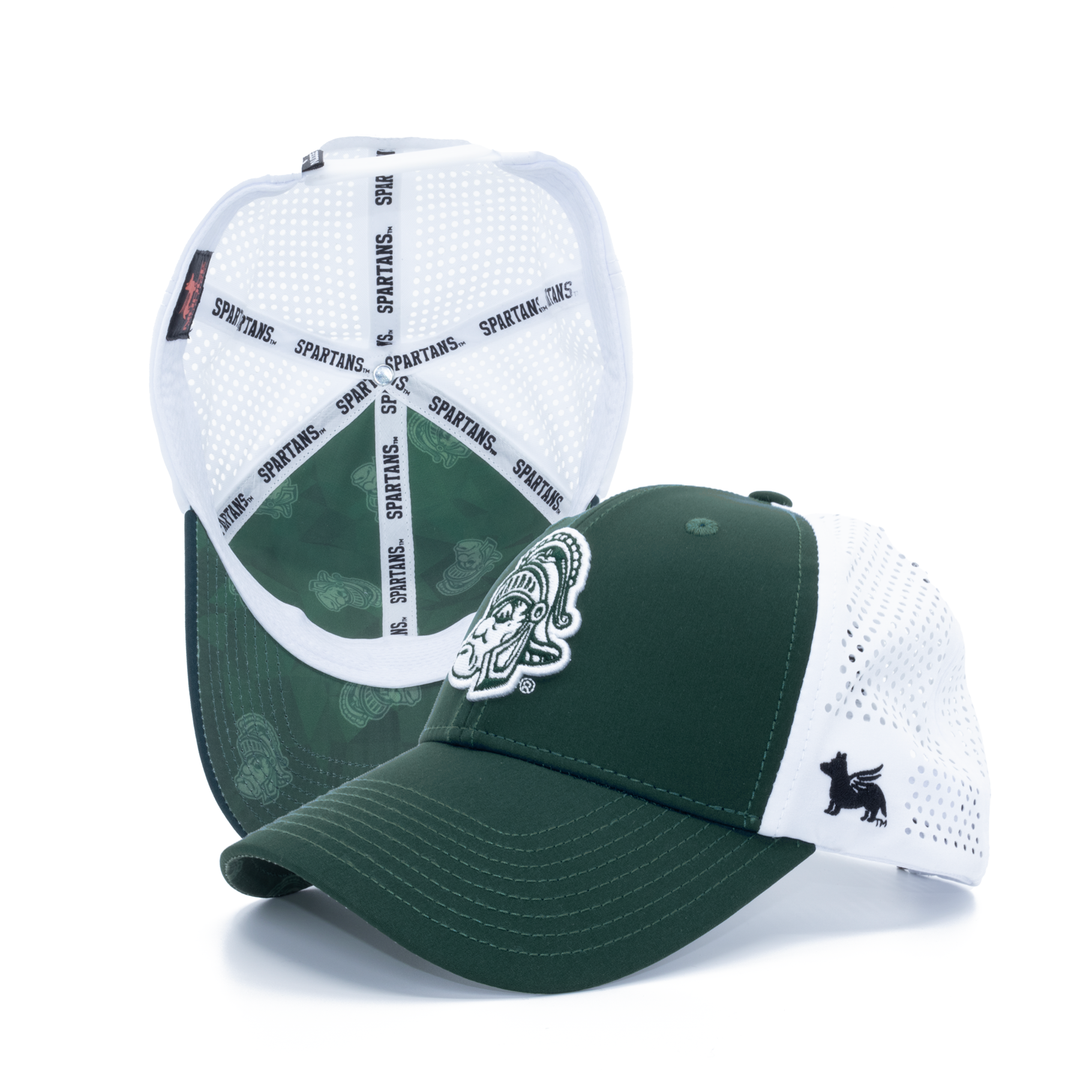 Green and white Michigan State hat featuring the vintage Gruff Sparty logo from Nudge Printing