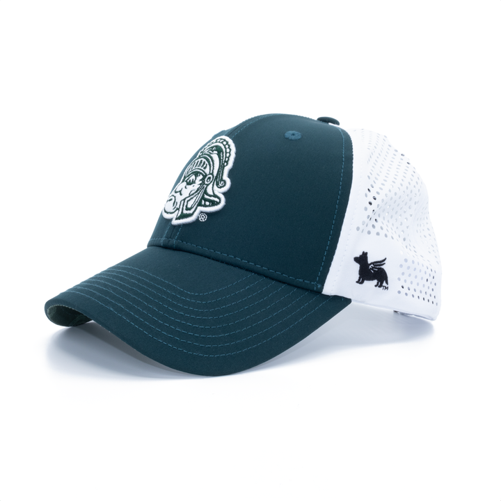 Angled view of a green and white Michigan State hat featuring Gruff Sparty embroidered on the front