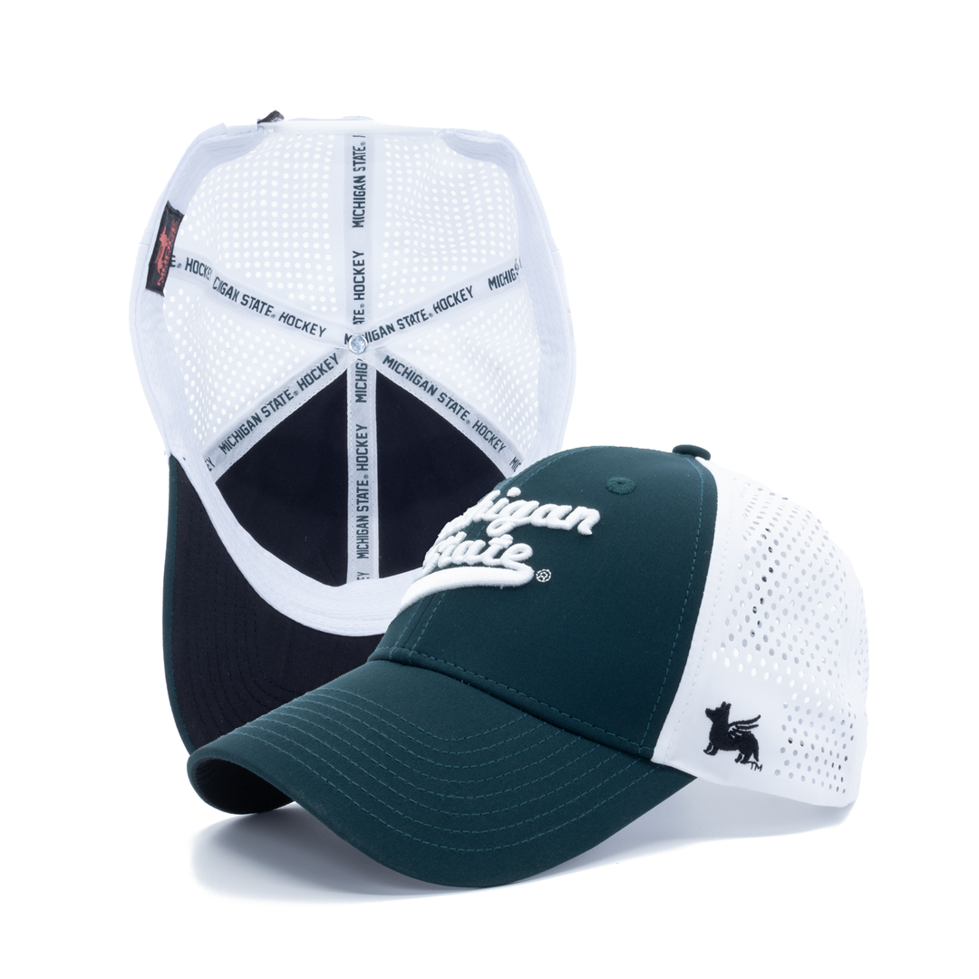 Green and white Michigan State hockey hat from Nudge Printing with white embroidery on the front