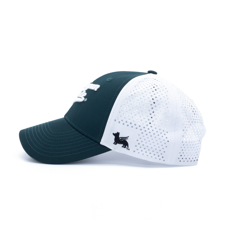 Left side view of the green and white Michigan State Hockey hat from Nudge Printing